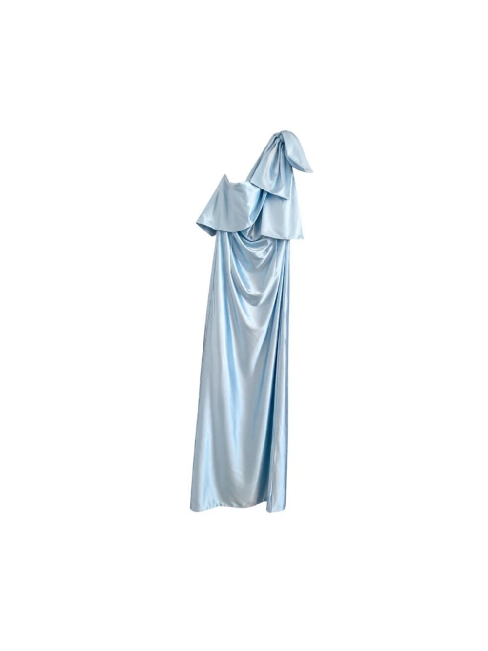 One-Shoulder Satin Gown In Light Blue With Tiered Ruffles & Side Zipper Closure